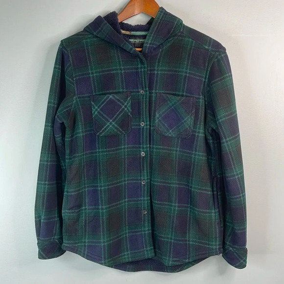 REALTREE Plaid Fleece Hooded Shirt Jacket Navy Green Sherpa Lined Pockets Size S - Picture 15 of 15